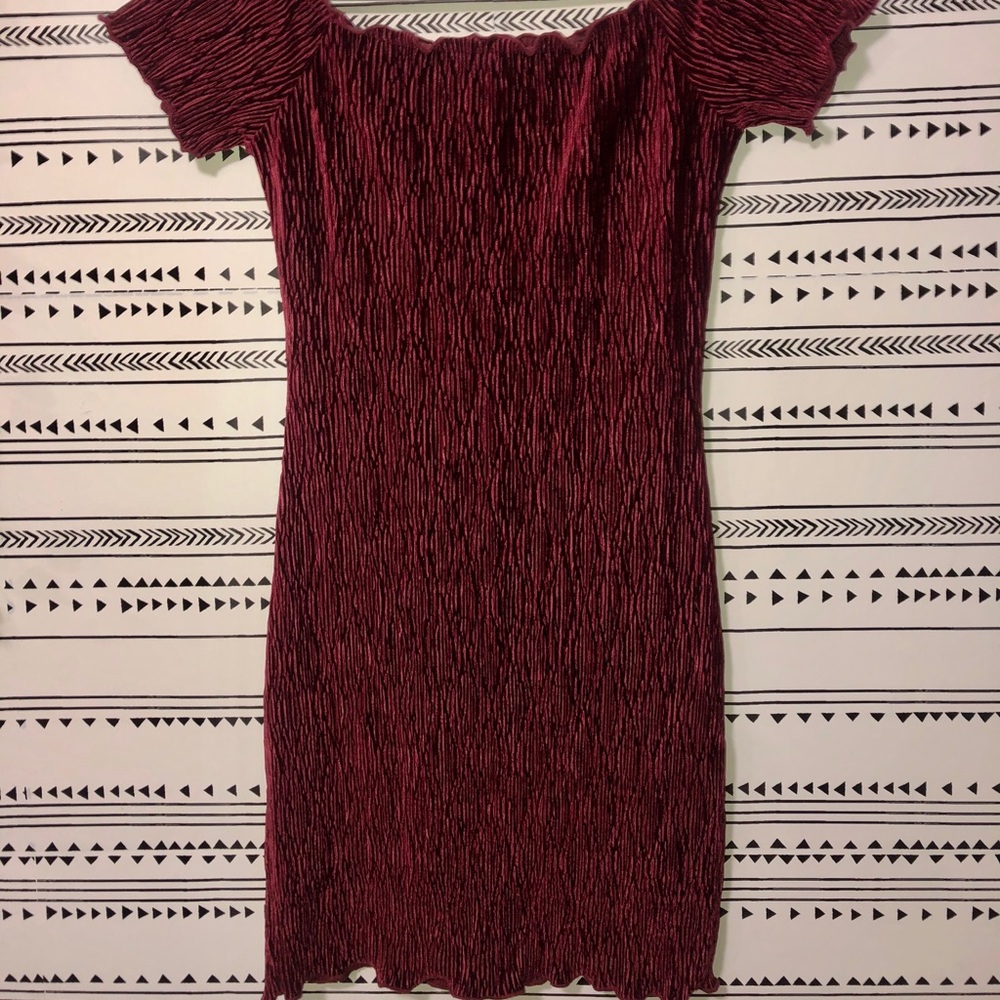 Burgundy off the shoulder mini dress